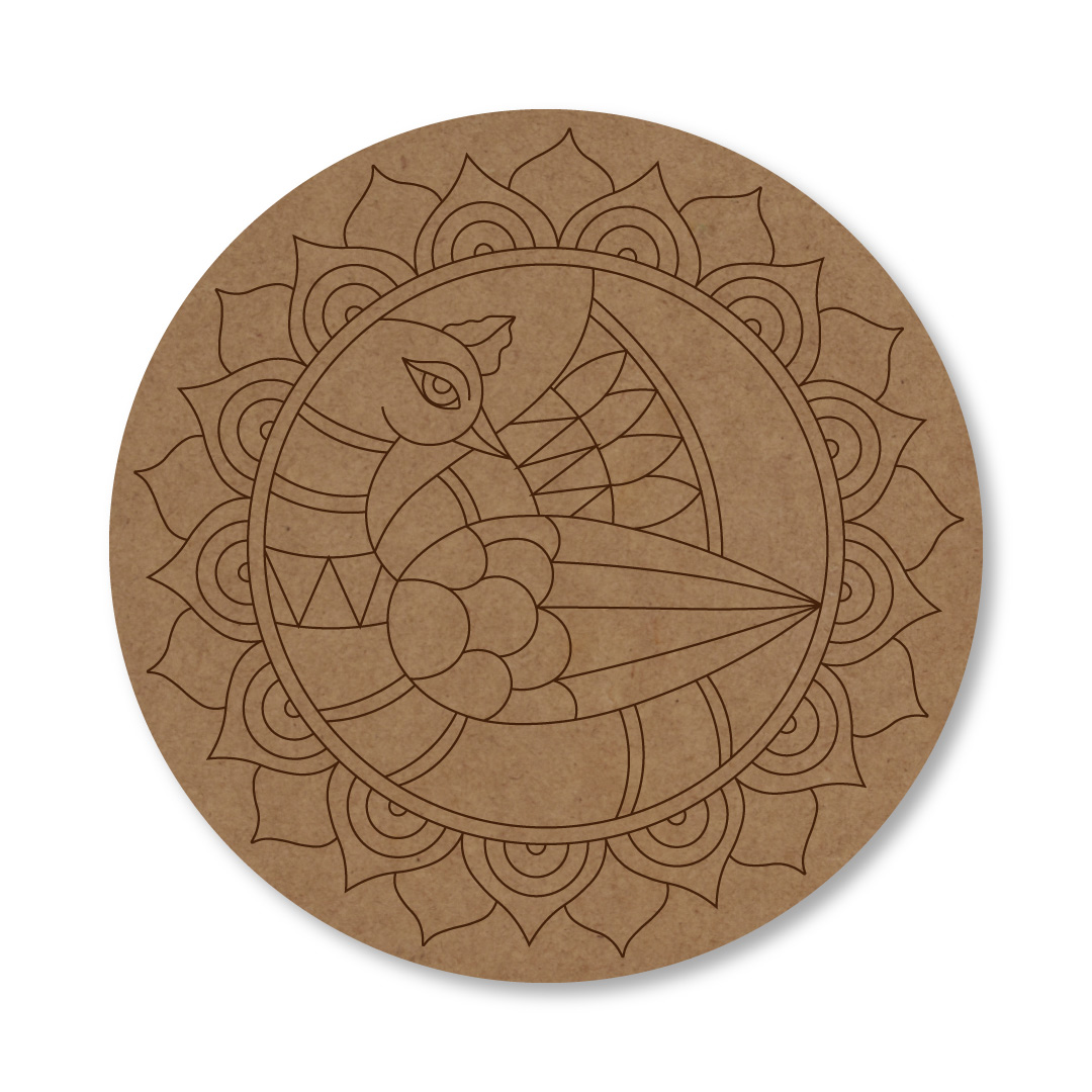 Mdf Madhubani Peacock Premarked Round Design 2 Mdf Craft Supplies 0756